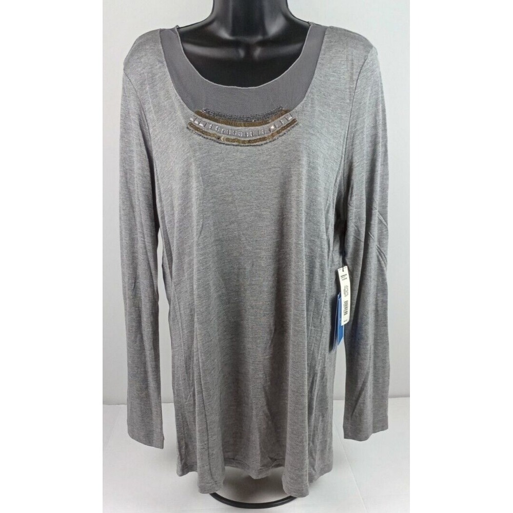 NWT Simply Vera Wang Women's Sz XL Gray Long Slv Mesh Collar Beads Sequins Shirt